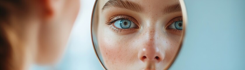 Obraz premium In a softly lit indoor space, a high-fashion model studies her reflection in a mirror. The reflective image reveals a captivating alternate version of herself, adding a sense of intrigue