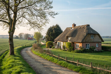 Fototapeta premium Thatched roof house in a quiet village