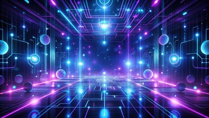 Fototapeta premium Abstract Futuristic Digital Corridor with Glowing Neon Lines and Illuminated Spheres Representing Network Connectivity and Data Flow
