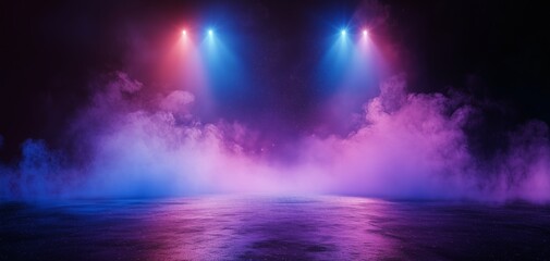 Fototapeta na wymiar Colorful stage lights illuminating a misty background during a performance in the evening