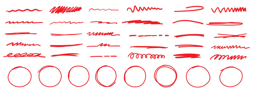 Highlighting red crayon pencil strokes grunge doodle style. Pencil oval circle sketch line art set. Vector scribble collection isolated on white background.