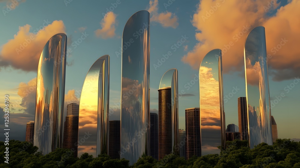 Wall mural Futuristic city skyline with curved,smooth skyscraper designs at sunset