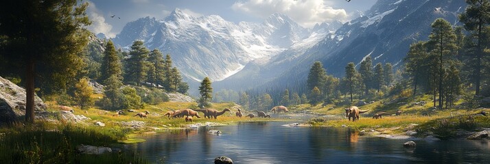 Naklejka premium Peaceful prehistoric landscape with a herd of herbivorous dinosaurs grazing near a tranquil lake, nestled in a majestic mountain valley