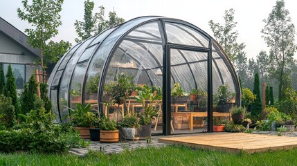 Fototapeta premium Greenhouse Oasis: An inviting glass greenhouse bathed in natural light, showcasing a collection of vibrant plants, creating a tranquil and productive haven for horticulture.