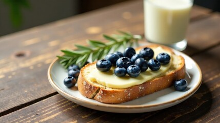 A delicious and healthy breakfast featuring a slice of bread topped with creamy spread and fresh blueberries, accompanied by a glass of milk on a rustic wooden table.