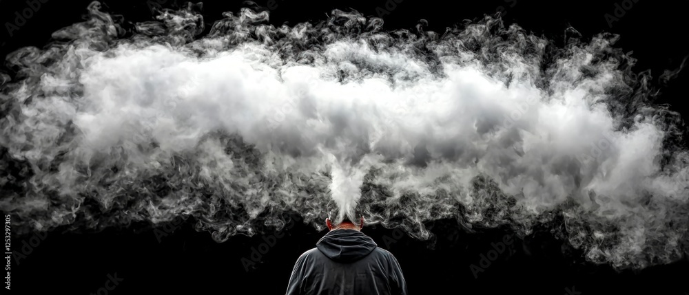 Wall mural Person Exhaling Large White Smoke Clouds Against Black Background