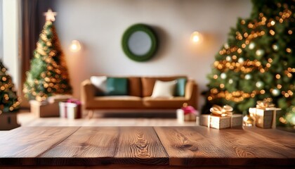 empty wood table with blurred christmas living room behind with copy space
