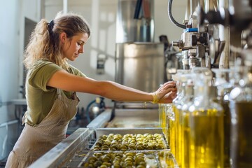 Skilled woman engaged in traditional olive oil production inspecting first pressing of olives and oil decanting.