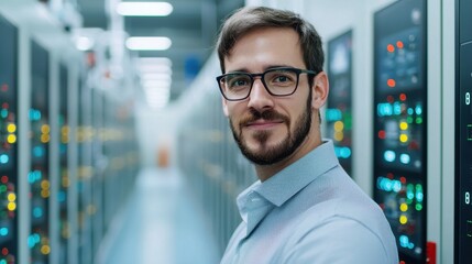 Fototapeta premium Young Professional Man in Data Center with Server Racks Smiling