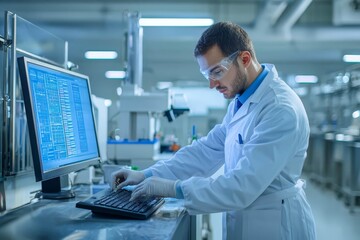 Technologist in food processing factory controlling process of apple fruit selection and production.