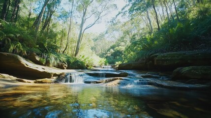 Fototapeta premium Serene Waterfall Cascades Through Lush Forest Landscape
