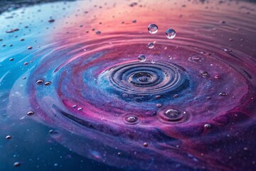 Ripples in water, vibrant colors, pink and blue hues, macro photography, circular patterns, water droplets,
