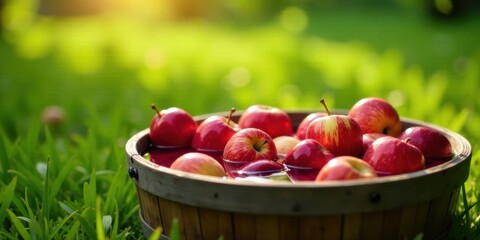 A Wooden Bowl Overflowing with Freshly Harvested Red Apples Submerged in Water, Nestled in Lush Green Grass Under Sunlight