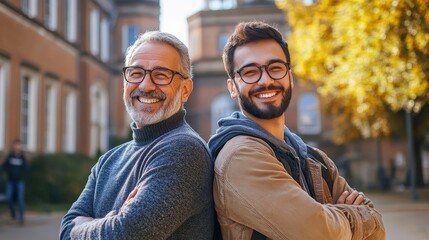 Fototapeta premium Happy Smiling Men with Glasses Posing Back to Back Outdoors