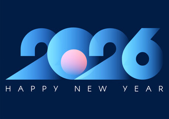 Happy New 2026 Year minimal text design with colorful gradient light isolated on blue. Banner, poster, header and card template