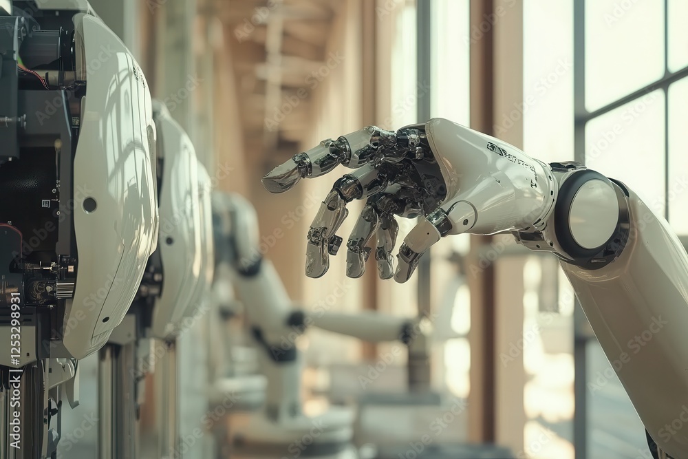 Poster robotics and automation: robotic arms at work in a factory .