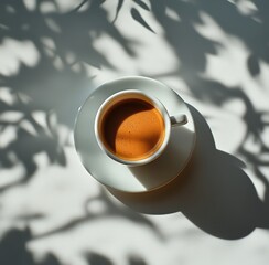 Coffee cup on white surface with delicate shadows highlighting morning light