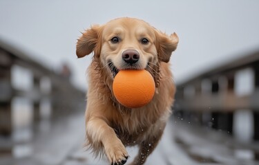 Golden retriever joyfully running with an orange ball on a rainy day along a dock