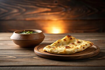 Warm, golden-brown flatbread rests on a rustic wooden board, accompanied by a bowl of vibrant green soup, creating a rustic and inviting culinary scene.