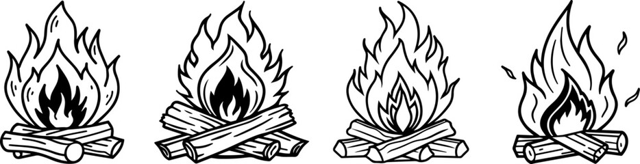 A set of Line Art Illustration of Burning Wood for Coloring Book – Digital Drawing