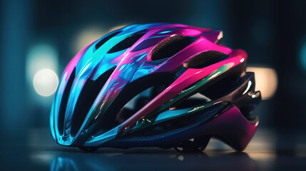 Brightly colored bicycle helmet shines under colorful lighting, emphasizing its design and functionality. Ideal for cycling enthusiasts