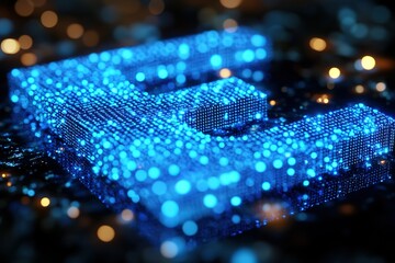 Digital E: Blue glowing points form an "E" shape representing technology data or information against dark background with amber highlights