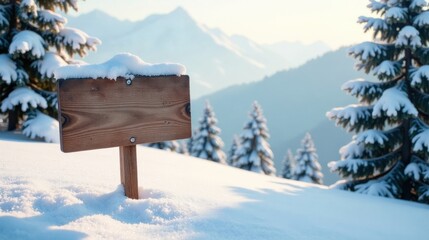 Blank Wooden Signpost in Snowy Mountain Landscape, Perfect for Winter Adventure or Seasonal Messages