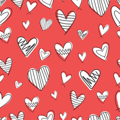 seamless heart pattern. Idea for fabric, tablecloth pattern, wrapping paper, gift paper. Motives are scattered randomly. red pattern background. cartoon doodle style love pattern. hand drawn heart