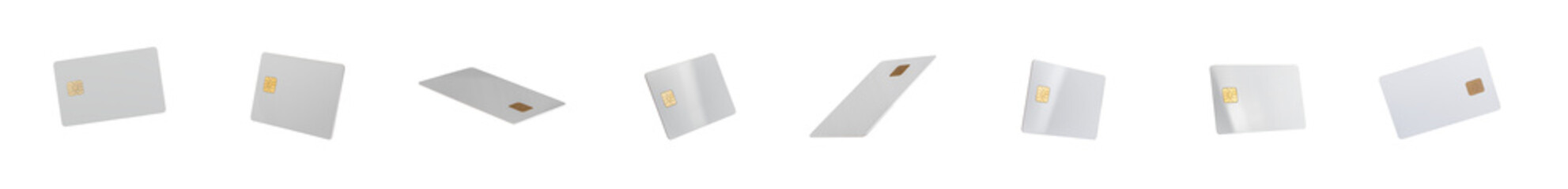 Blank credit and debit bank cards set with gold chip in various positions, levitating in motion....