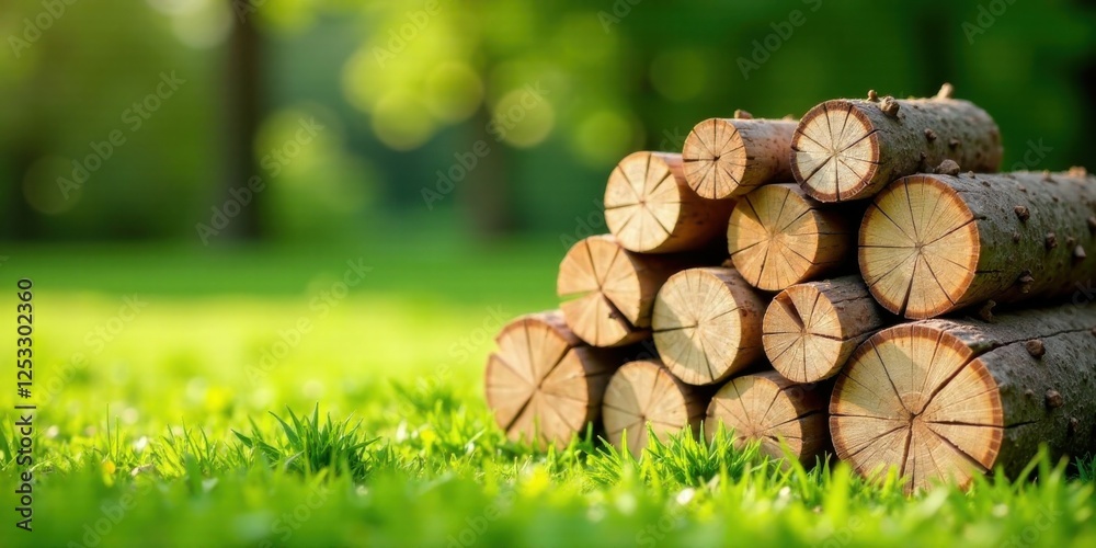 Poster stack of neatly arranged logs resting on vibrant green grass in a sunlit park