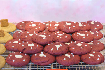 Red Velvet Cookies Topped with White Chocolate Chips