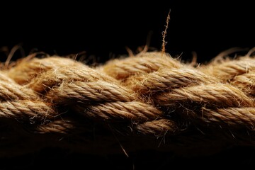 Fototapeta premium Close-up of braided rope texture against black background. Possible use Stock photo