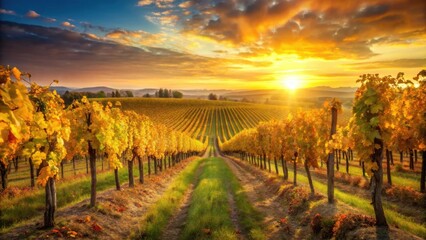 Fototapeta premium Golden Hour in the Vineyard Rows of Autumn Vines Basking in the Warm Glow of Sunset