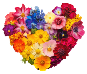 Colorful heart made of vibrant flowers on white or transparent background. Colorful love concept for greeting cards, Valentine's Day banners, posters, or romantic celebrations