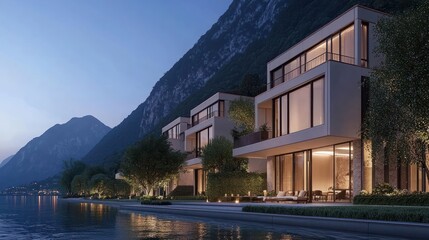 Fototapeta premium Modern Houses By Lake At Dusk With Mountain View