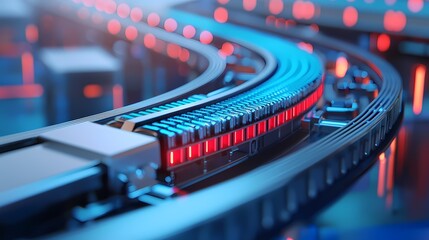 A vibrant, futuristic depiction of a winding track with illuminated sections, showcasing advanced technology and design in a digital environment.