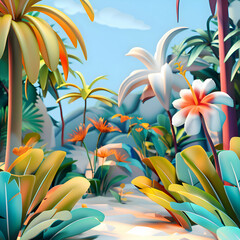 Tropical Paradise. A 3D Render of Vivid Flowers and Palm Trees