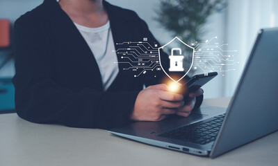 Cybersecurity and privacy concepts to protect data. Lock icon and internet network security technology.