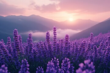 Lavender field at dawn with mountains in the background A calming and picturesque scene