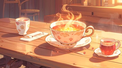 Obraz premium Cozy French Bistro Ambiance with Freshly Brewed Coffee Cup on Rustic Wooden Table