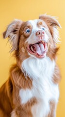 Playful Brown and White Dog Portrait Against Yellow Background