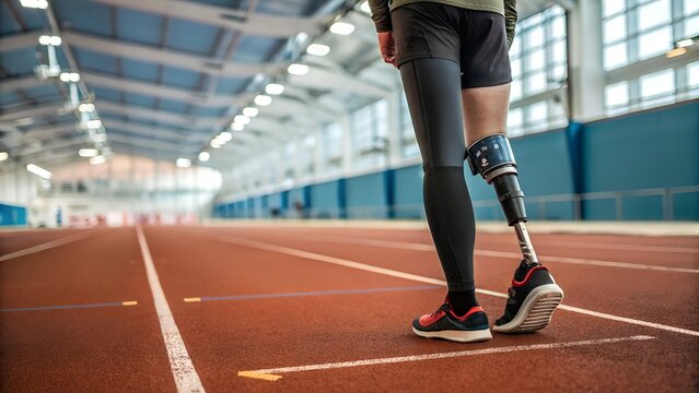 A determined athlete with a prosthetic leg sprinting on an indoor track. The image represents strength, determination, adaptive sports, and overcoming challenges through resilience and dedication.