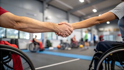 Obraz premium Two wheelchair athletes shake hands in a sports facility, symbolizing teamwork, support, and inclusivity in adaptive sports. The image highlights mutual respect, encouragement, and the power of sports