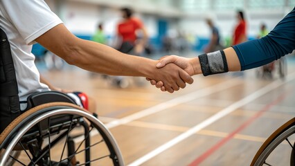 Two wheelchair athletes shake hands in a sports facility, symbolizing teamwork, support, and inclusivity in adaptive sports. The image highlights mutual respect, encouragement, and the power of sports