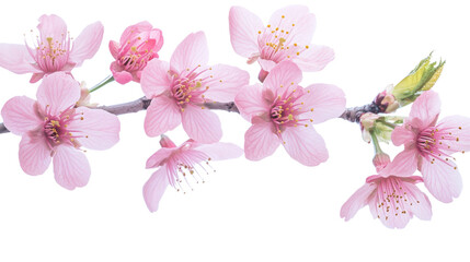 Naklejka premium Pink cherry blossom branch on white or transparent background. Spring season, floral beauty, nature, and delicate blossom concept for design, decor, or greeting cards