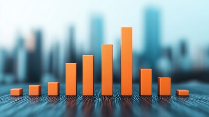 Floating Bar Chart with Glowing Segments in Air Representing Business Trends and Insights Against a Blurred Corporate Background