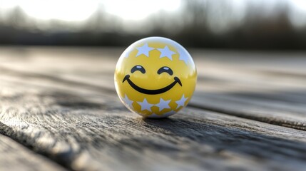 create a yellow Smiley emoticon juggling 5 stars on white background to be used on an acrylic cut-out table display in A6 size 