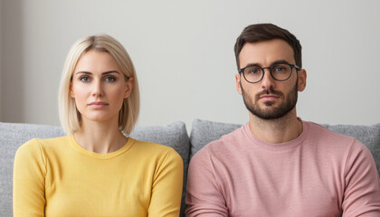 Obraz premium Serious couple sitting on sofa, looking directly at camera, wearing casual sweaters