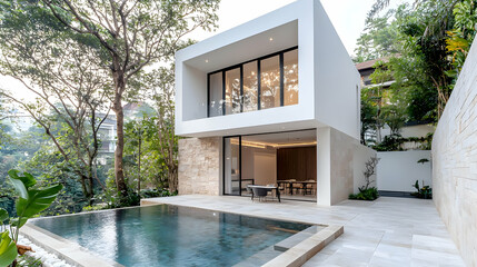 Modern hillside house with pool, lush greenery
