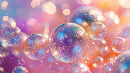 Fototapeta premium Colorful soap bubbles floating on a vibrant, bokeh background, ideal for joyful, dreamy designs
